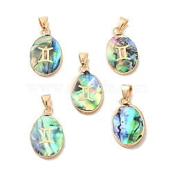 Constellation Natural Paua Shell Pendants, Golden Tone Brass Oval Charms, Gemini, 22x13x3~3.5mm, Hole: 6x3mm(KK-P265-01G-10)