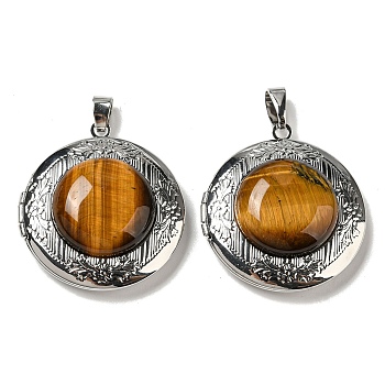 Natural Tiger Eye Locket Pendants, Platinum Plated Alloy Flat Round Charms, 35.5x32.5x11~12mm, Hole: 8x4mm