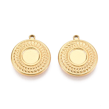 304 Stainless Steel Pendant Cabochon Settings, Ion Plating(IP), Flat Round, Real 18K Gold Plated, Tray: 6mm, 16x14x2mm, Hole: 1.4mm