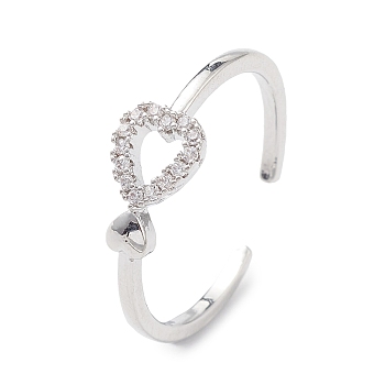 Clear Cubic Zirconia Hollow Heart Open Cuff Ring, Brass Jewelry for Women, Platinum, Inner Diameter: 18mm