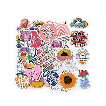50Pcs Inspirational Theme Cartoon English Word Paper Sticker Label Set, Adhesive Label Stickers, for Suitcase & Skateboard & Refigerator Decor, Mixed Color, 34~62x31~60x0.2mm, 50pcs/set