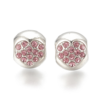 Alloy European Beads, Large Hole Beads, with Rhinestone, Heart, Platinum, Light Rose, 10.5x9x10mm, Hole: 4.5mm
