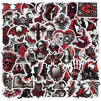 50Pcs Black and Red Gothic Skull Paper Stickers, Self-Adhesive Decals, for Water Bottles Laptop Phone Skateboard Decoration, Mixed Color, 35~55x38~56x0.3mm