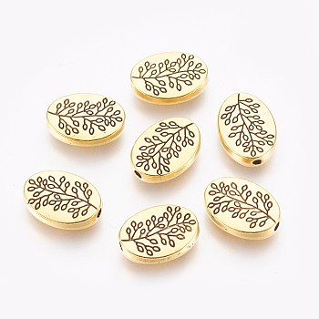 Tibetan Style Alloy Beads, Oval with Leaf, Cadmium Free & Nickel Free & Lead Free, Antique Golden, 14x10x3mm, Hole: 1.5mm.