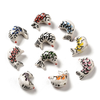 Handmade Printed Porcelain Beads, Famille Rose Porcelain, Fish, Mixed Color, 14~15x20~20.5x10~10.5mm, Hole: 1.8~2mm
