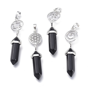 Natural Black Onyx Pointed Big Pendants, Double Terminated Pointed, with Platinum Plated Brass Findings, Faceted, Bullet, 59~67x14~15mm, Hole: 7x5mm, Gemstone: 41~44x8mm