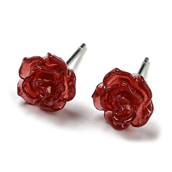 Resin Rose Flower Stud Earrings with 316 Stainless Steel Pins, Dark Red, 7.5~8x7.5~8mm