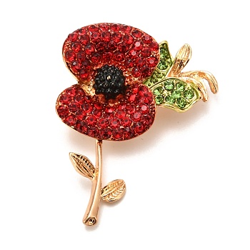 Alloy Brooches, with Rhinestone, Remembrance Poppy Flower Badge, Light Gold, 53x40.5x13.5mm, Pin: 0.6mm