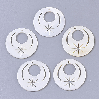 Natural Freshwater Shell Pendants, Flat Round with Star, Creamy White, 30x2mm, Hole: 1.2mm