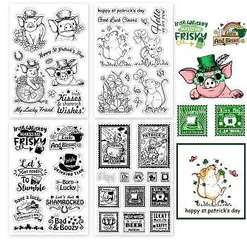 Elite 4 Sheets 4 Styles Saint Patrick's Day PVC Plastic Stamps, for DIY Scrapbooking, Photo Album Decorative, Cards Making, Stamp Sheets, Film Frame, Shamrock & Top Hat & Pig & Mouse & Word, Saint Patrick's Day Themed Pattern, 16x11x0.3cm, 1 sheet/style