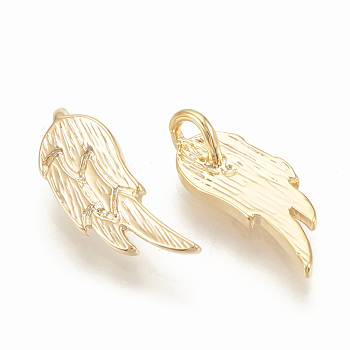 Brass Charms, Wing, Nickel Free, Real 18K Gold Plated, 12x5x1mm, Hole: 1mm