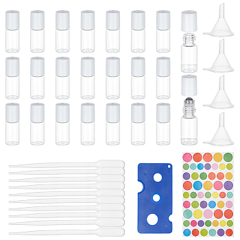 24Pcs Transparent Glass Roller Ball Bottles, with 1Pc Plastic Bottle Openers & 10Pcs Dropper & 4Pcs Funnel Hopper, 1Pc Paper Rainbow Color Stickers, Mixed Color, Bottle: 4.45x1.6cm, Capacity: 3ml(0.10fl. oz)