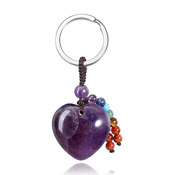 Natural Amethyst Heart Pendant Keychain, with Chakra Gemstone Bead, for Bag Car Key Ornaments, 7cm
