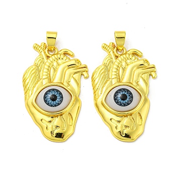 Real 18K Gold Plated Brass Pendants, Acrylic Evil Eye Charms, Heart, 38x23.5x7mm, Hole: 6x4mm