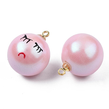 ABS Plastic Imitation Pearl Pendants, with Enamel and Golden Plated Brass Loops, Round with Expression, Pink, 17x14mm, Hole: 1.4mm
