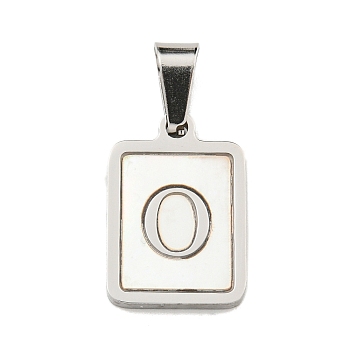 304 Stainless Steel Pave Natural White Shell Pendants, Rectangle with Letter Charms, Stainless Steel Color, Letter O, 17.5x12x1.5mm, Hole: 6x3mm