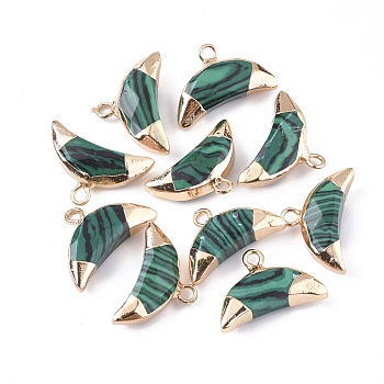 Electroplate Synthetic Malachite Charms, with Iron Findings, Faceted, Moon, Golden, 12~13x18~19x5mm, Hole: 1.8mm
