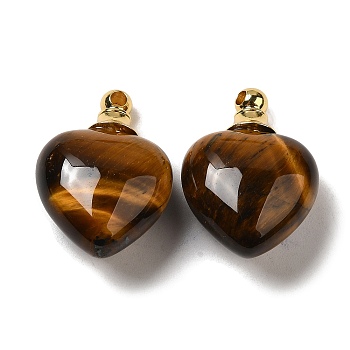 Natural Tiger Eye Perfume Bottle Pendants, Heart Charms with Golden Plated 304 Stainless Steel Findings, 28x20x12mm, Hole: 2mm