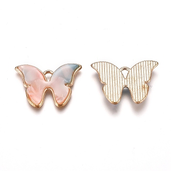 Light Gold Plated Alloy Pendants, with Acrylic, Butterfly, Misty Rose, 15.5x22x2.7mm, Hole: 1.8x3mm, 10pcs/bag