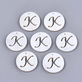 Natural Freshwater Shell Charms, Flat Round with Hollow Out Letter, Letter.K, 14.5x1.5mm, Hole: 0.9mm