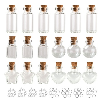10Pcs Round Glass Bottle, with Cork Plug, Jump Rings and Iron Screw Eye Pin, for DIY Wishing Bottle, Clear, 2x2.45cm, Hole: 5.5mm, Capacity: 2.5ml(0.08fl. oz), 5 style, 2pcs/style