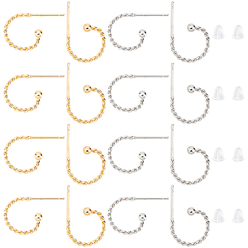 DICOSMETIC 40Pcs 2 Color 304 Stainless Steel Stud Earrings, Half Hoop Earrings, Twist Ring, with 50Pcs Plastic Ear Nuts, Golden & Stainless Steel Color, 12.5x18.5x1.2mm, Pin: 0.7mm, 20pcs/color