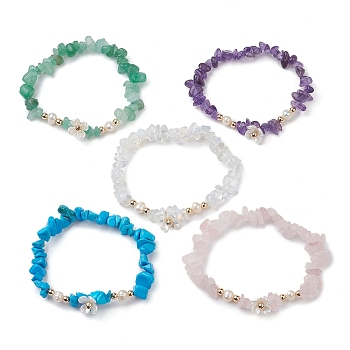 Mixed Gemstones Chip Beaded Plastic Flower Stretch Bracelets, with Natural Cultured Freshwater Pearl Beads, Inner Diameter: 5.4cm