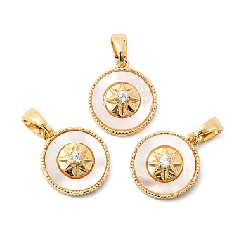 Natural Shell & Clear Cubic Zirconia Charms, Brass Flat Round with Star Pattern, Real 18K Gold Plated, 14x12.5x5mm, Hole: 5x3.5mm