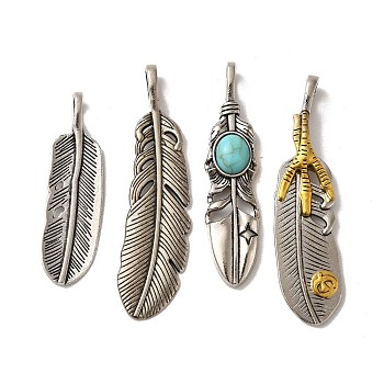 Tibetan Style Alloy Pendant Set, with Synthetic Turquoise, Cadmium Free & Lead Free, Feather, Antique Silver & Antique Golden, 48x13x1.3mm, Hole: 7~7.2x4~4.57mm, 4cs/set
