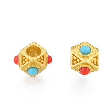 Alloy Enamel Beads, Matte Style, Hexagon, Matte Gold Color, 7.5x7.5x6mm, Hole: 3mm