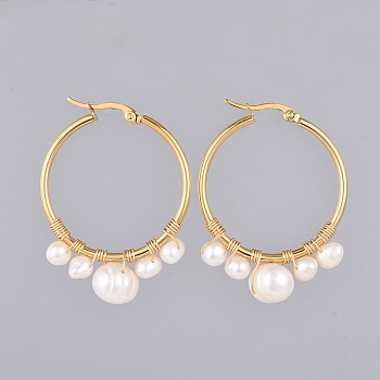 Hoop Earrings, with Natural Pearl, Copper Wire, 304 Stainless Steel Hoop Earrings and Cardboard Boxes, White, Golden, 44.5x33.5mm, Pin: 1.5mm