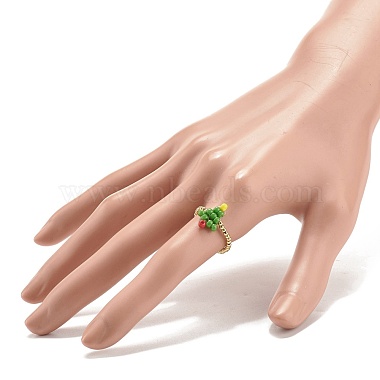 Кольцо на палец из стеклянных семян и латунных бусин рождественской елки(RJEW-TA00038)-4