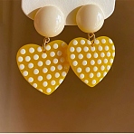 Alloy Resin Stud Dangle Earrings for Women, Polka Dot Heart, Yellow, 43x26mm(AL-CBA1AA3-07G)