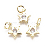 Brass Micro Pave Cubic Zirconia Charms, with Jump Ring, Cadmium Free & Lead Free, Long-Lasting Plated, Star, Real 18K Gold Plated, Clear, 10x9x2mm, Hole: 3mm(X2-ZIRC-F111-09G-08)