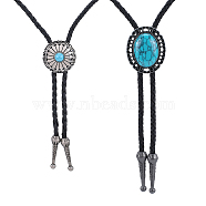 2Pcs 2 Style Imitation Leather Bolo Tie for Men, Alloy Sweater Necklaces, Synthetic Turquoise Flower & Oval Lariat Necklaces, Black, 40.94~41.73 inch(104~106cm), 1Pc/style(NJEW-GF0001-07)