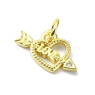 Heart Theme Brass Micro Pave Cubic Zirconia Charms, with Jump Ring, Real 18K Gold Plated, Arrow, 9.5x12x1.5mm, Hole: 3mm(KK-H475-56G-07)