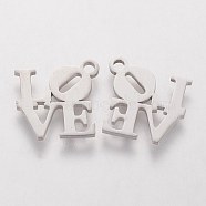 304 Stainless Steel Pendants, Word Love, Stainless Steel Color, 13x13x1mm, Hole: 1.5mm(STAS-Q201-T167)