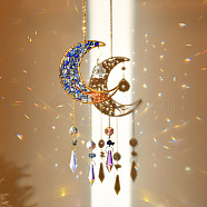 Natural Lapis Lazuli Chip & Brass Moon Hanging Suncatcher Pendant Decoration, Crystal AB Cone Glass Prism Pendants, 320x85mm(PW23041117801)