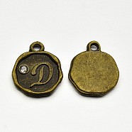 Antique Bronze Plated Alloy Rhinestone Charms, Flat Round with Letter.D, Nickel Free, 13x10x1.5mm, Hole: 1mm(ALRI-J152-D-NF)