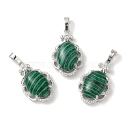 Synthetic Malachite Oval Pendants, Platinum Tone Brass Micro Pave Clear Cubic Zirconia Flower Charms, Long-Lasting Plated, Lead Free & Cadmium Free, 30x19x10mm, Hole: 7.8x5mm(G-NH0025-15P-18)