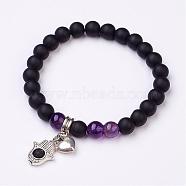 Natural Amethyst Bead Charm Bracelets, with Alloy Charms, Heart and Palm, Antique Silver, 2-1/8 inch(53mm)(BJEW-JB02694-04)