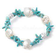 Synthetic Turquoise & ABS Plastic Imitation Pearl Beaded Stretch Bracelets, Summer Beach Starfish & Shell Shape Bracelets for Women Men, Inner Diameter: 2-1/4 inch(5.8cm)(BJEW-JB10567)