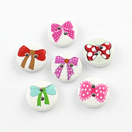 2-Hole Bowknot Pattern Printed Wooden Buttons, Flat Round, Mixed Color, 15x4mm, Hole: 2mm(BUTT-R033-014)