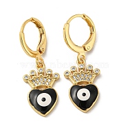 Real 18K Gold Plated Brass Dangle Leverback Earrings, with Enamel and Cubic Zirconia, Heart with Evil Eye, Black, 30x11mm(EJEW-A033-08G-05)
