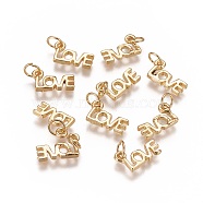Brass Charms, Long-Lasting Plated, Word LOVE, Golden, 7.5x13x2mm, Hole: 4mm(X-KK-K238-04G)