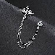 Angel Wing & Cross Chain Tassel Dangle Brooch Pin, Alloy Rhinestone Badge for Jackets Hats Bags, Platinum, 190mm(RELI-PW0001-100P-02)