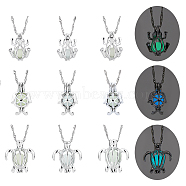 FIBLOOM 9Pcs 9 Styles Tortoise & Frog & Dolphin Alloy Cage Pendant Necklaces Set, Luminous Glow in the Dark Glass Necklaces, Mixed Color, 18.39~18.43 inch(46.7~46.8cm), 1Pc/style(NJEW-FI0001-20)