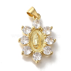 Rack Plating Brass Micro Pave Clear Cubic Zirconia Pendants, Lead Free & Cadmium Free, Long-Lasting Plated, Flower with Virgin Mary, Real 18K Gold Plated, 23x17x3mm, Hole: 4x3mm(KK-U019-24G)