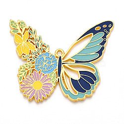 Rack Plating Alloy Enamel Big Pendants, Cadmium Free & Nickel Free & Lead Free, Butterfly with Flower Charms, Golden, Colorful, 55x66.5x2mm, Hole: 2.5mm(ENAM-N056-396B-G)