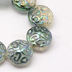 Electroplate Glass Beads Strands, Rainbow Plated, Flat Round, Medium Sea Green, 13.5x5mm, Hole: 1.5mm, about 47pcs/strand, 24 inch(EGLA-Q063-01)